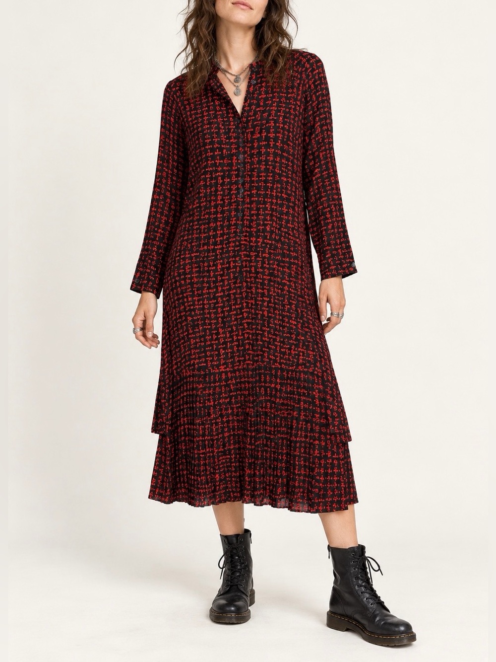 Joan Martin Red Black Abstract Print Rayon Pleated Midi Dress Size 6